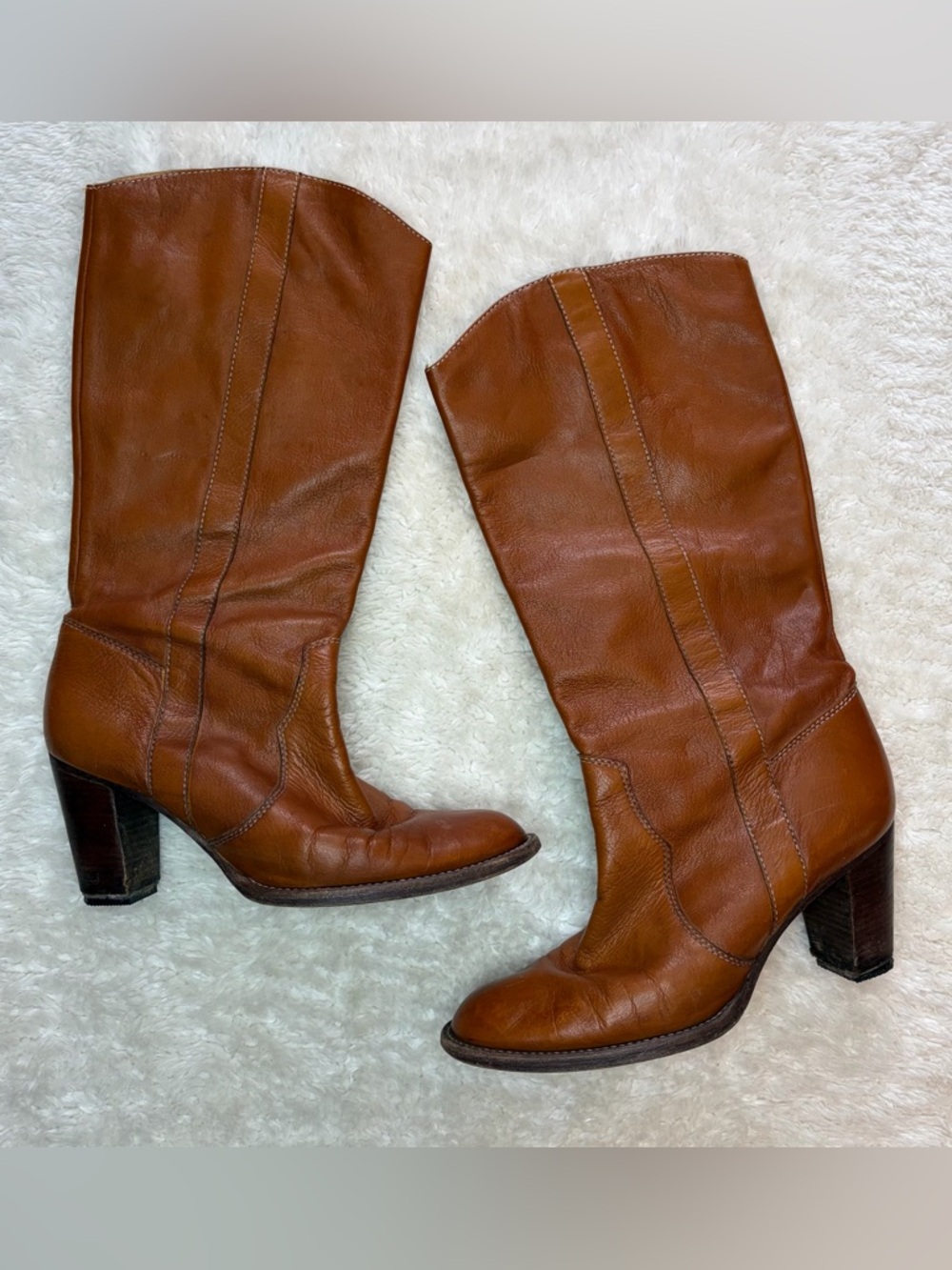 Micheal Kors dark cognac brown wood block heel tall calf riding boots